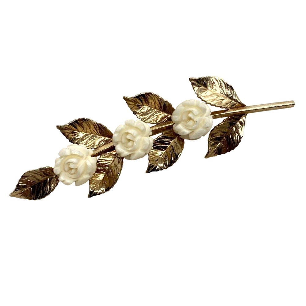 Vintage Gold Filled Leaf & Carved Plastic Flower Brooch Pin 1/20 12K‎ GF 3.5g